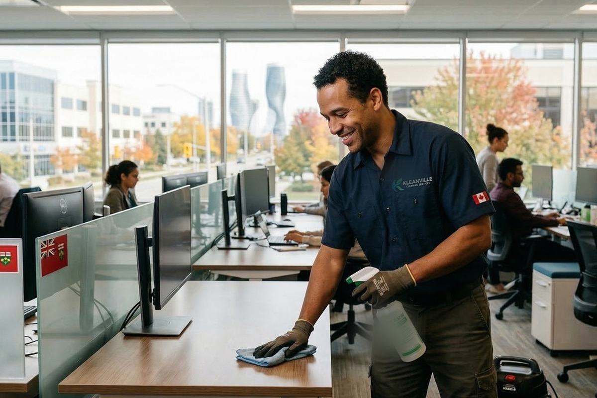 A Kleanville cleaning professional at work in an office