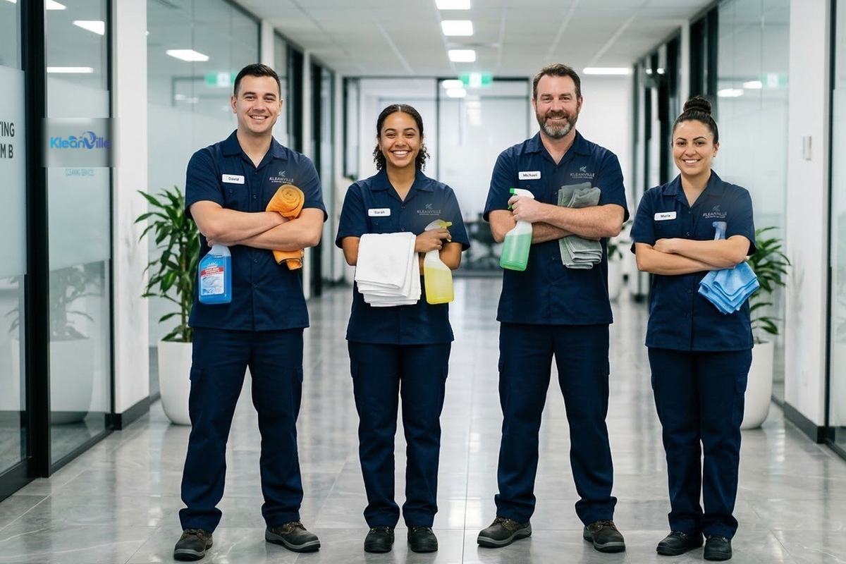 Kleanville cleaning team standing together in an office hallway