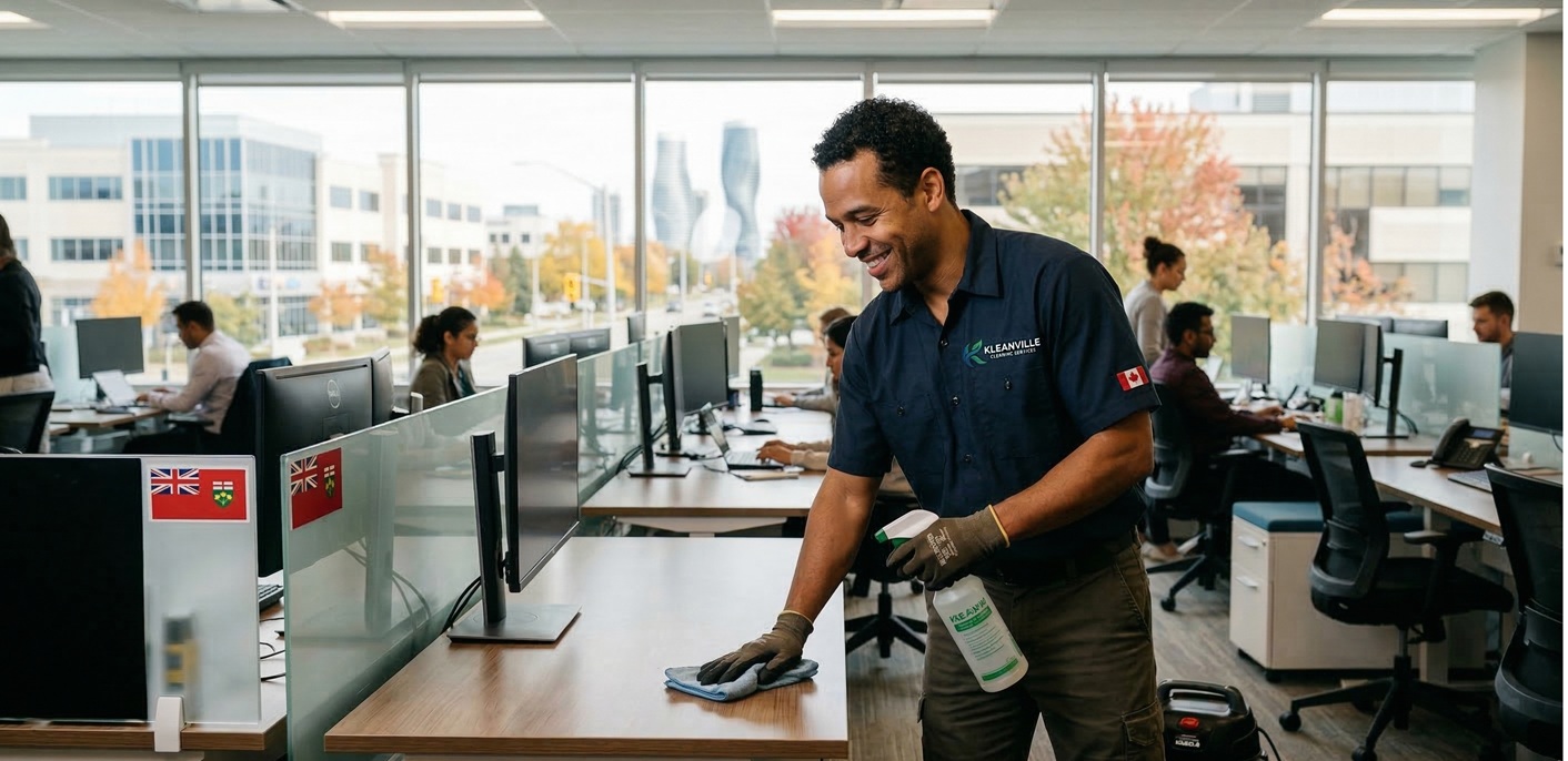 Happy man cleaning an open office